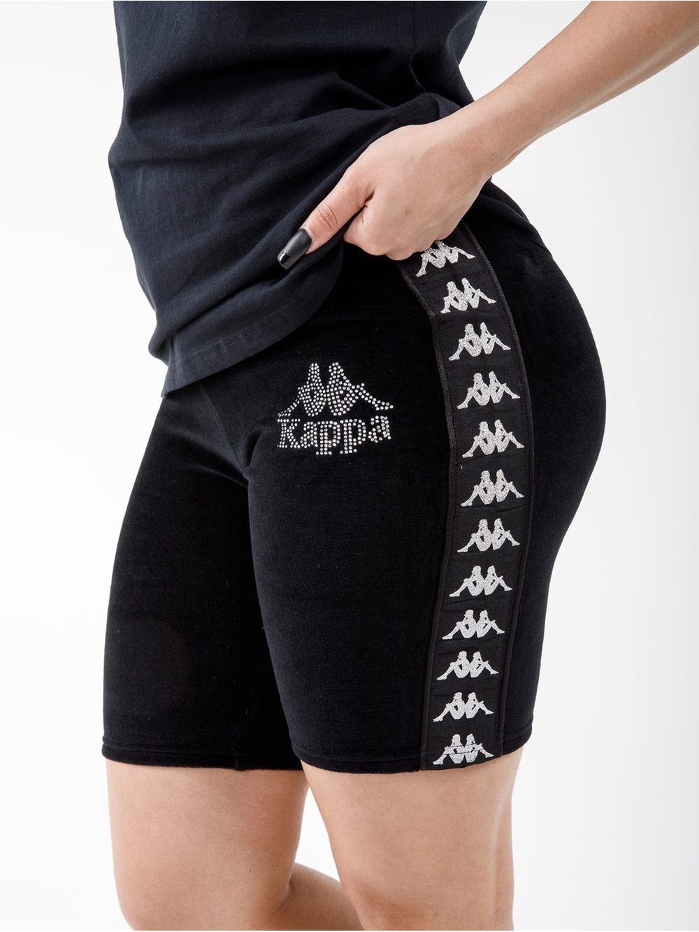 Kappa Black Velour Bike Shorts with rhinestone logo